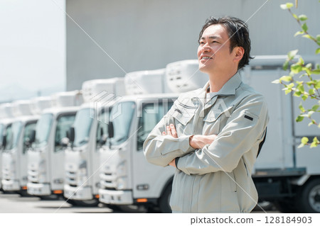 A man in work clothes with his arms crossed in front of trucks lined up in the parking lot of a logistics center (delivery, transportation, and home delivery industry) 128184903