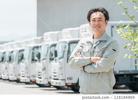 A man in work clothes with his arms crossed in front of trucks lined up in the parking lot of a logistics center (delivery, transportation, and home delivery industry) 128184904