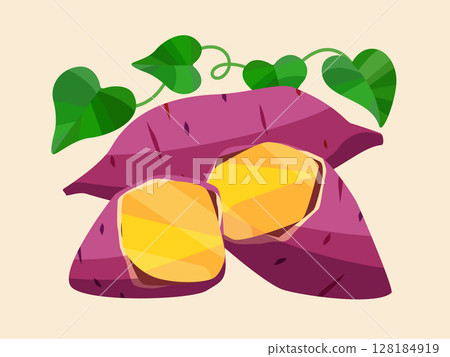 秋季蔬菜：帶葉地瓜、烤地瓜 128184919