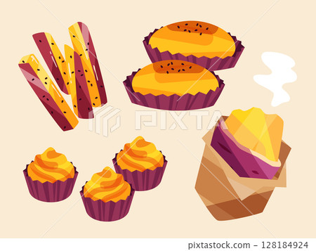 秋天的味道：地瓜、蜜餞馬鈴薯和烤馬鈴薯的插圖 128184924