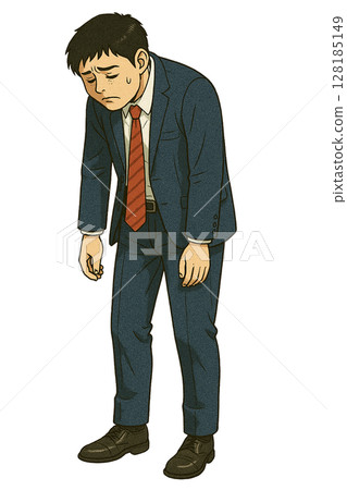 一個穿著西裝的年輕商人，低著頭，看起來很沮喪，一個震驚和沮喪的商人，一個被失敗摧毀的男人。 128185149