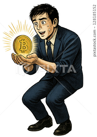 一位年輕的商人盯著閃閃發光的比特幣,一位西裝革履的男子舉起雙手,期盼自己拯救的虛擬貨幣 一位年輕的商人盯著閃閃發光的比特幣,一位西裝革履的男子舉起雙手,期盼自己拯救的虛擬貨幣 128185152