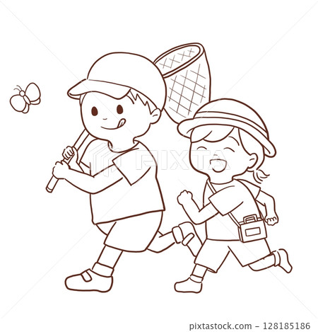 Children catching insects (line drawing) 128185186