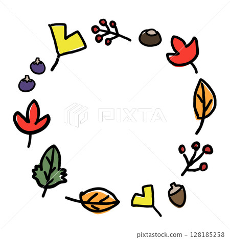 Cute autumn leaves and nuts hand-drawn frame Cute autumn leaves and nuts hand-drawn frame 128185258