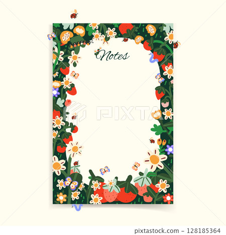 A template for notes decorated with wildflowers and insects in bright colors. A template for notes decorated with wildflowers and insects in bright colors. 128185364