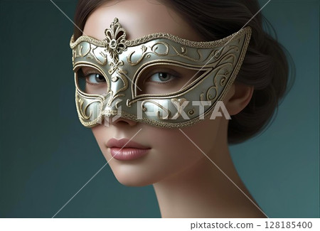 Beautiful female face with gorgeous mask Beautiful female face with gorgeous mask 128185400