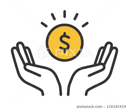 Illustration of a hand protecting a dollar coin | Simple icon for saving, saving money, and increasing financial luck Vector material 128185429