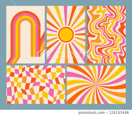 Retro patterns and groovy backgrounds. Abstract psychedelic vector design. Swirl and wavy 70s vintage graphic. Funky checkerboard summer illustrations set Retro patterns and groovy backgrounds. Abstract psychedelic vector design. Swirl and wavy 70s vintage graphic. Funky checkerboard summer illustrations set 128185486