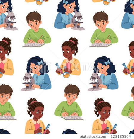 Seamless Pattern with Schoolchildren Doing Science Experiments, School Activities. Education Design for Textile Printing, Wallpaper, Wrapping Paper, Stationery. Ideal for Classroom Decor Seamless Pattern with Schoolchildren Doing Science Experiments, School Activities. Education Design for Textile Printing, Wallpaper, Wrapping Paper, Stationery. Ideal for Classroom Decor 128185504