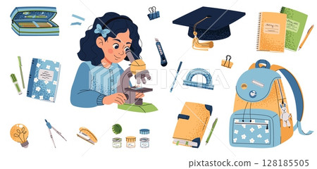Back to School Set with Girl Using Microscope, Backpack, Books, Notebooks, Stationery, Academic Cap. Flat Design for School Stickers, Educational Materials, Classroom Decor, Planners. School Supplies 128185505