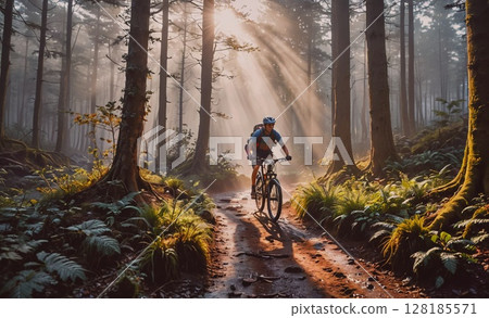 Man is riding a bike through a forest. The sun is shining through the trees, casting a warm glow on the scene. The man is wearing a helmet and a backpack, and he is enjoying the ride Man is riding a bike through a forest. The sun is shining through the trees, casting a warm glow on the scene. The man is wearing a helmet and a backpack, and he is enjoying the ride 128185571