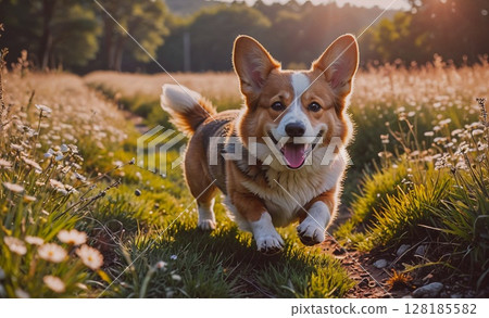 Happy dog is running through a field of flowers. The dog is brown and white and has a collar. The field is full of flowers and the sun is shining brightly 128185582