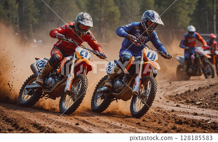 Two dirt bike racers are speeding down a dirt track. One of the racers is wearing a red and black outfit 128185583