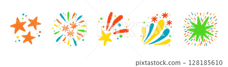 Crayon doodle firework symbol. Hand drawn firework pencil sketch. Chalk color magic sparkle. Crayon texture starburst. Vector illustration on white background Crayon doodle firework symbol. Hand drawn firework pencil sketch. Chalk color magic sparkle. Crayon texture starburst. Vector illustration on white background 128185610
