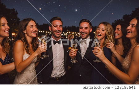 Group of people are celebrating a wedding, with a man and woman in the center of the group 128185641