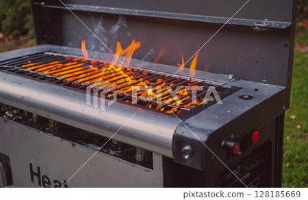 Grill with a lot of fire on it. The grill is made by Heat. The fire is orange and yellow 128185669