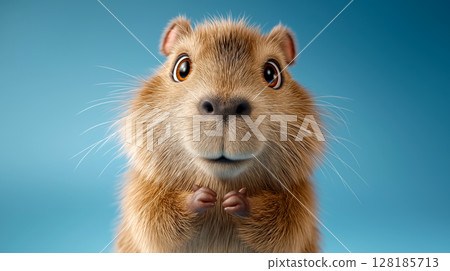 Cute capybara looks playfully at the viewer with a blue background 128185713