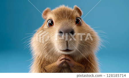 Cute capybara with expressive eyes against a vibrant blue background 128185714