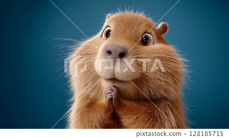 Cute capybara with expressive eyes and fluffy fur against a bright blue background 128185715