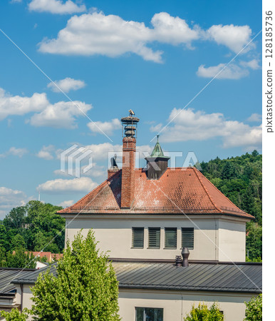 A stork's nest on a chimney of a red-roofed building against a blue sky. High quality photo 128185736