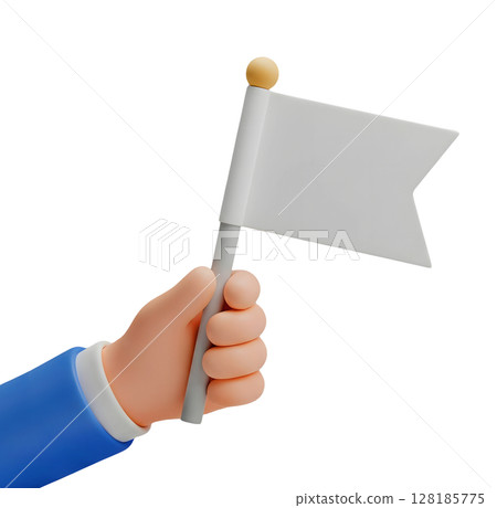 Hand Holding a Blank White Flag Minimalist 3D Rendering in a Soft And Smooth Renderer 128185775