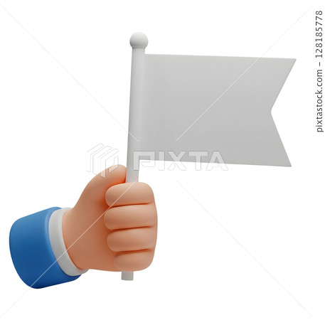 Hand Holding a Blank White Flag Minimalist 3D Rendering in a Soft And Smooth Renderer 128185778