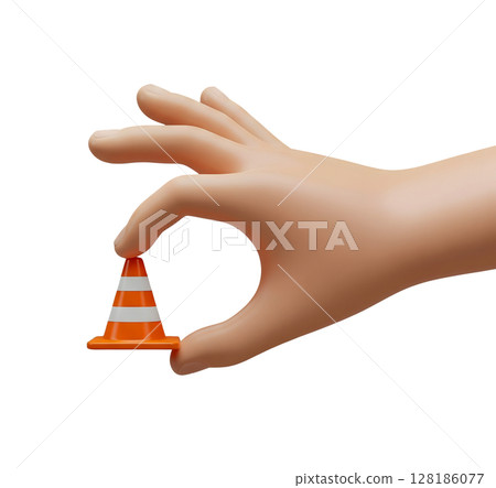 Hand Placing a Miniature Traffic Cone Minimalist 3D Rendering in a Soft And Smooth Renderer 128186077