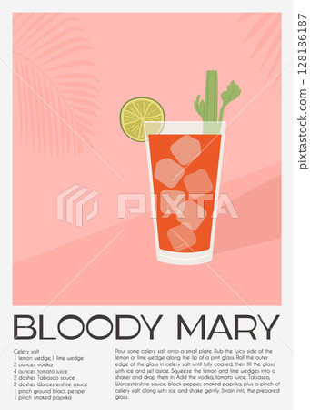Bloody Mary cocktail with ice cubes, celery stick, and lime garnish in a tall glass on a pink background. Poster of classic alcoholic drink made with vodka and tomato juice. Flat vector illustration. 128186187
