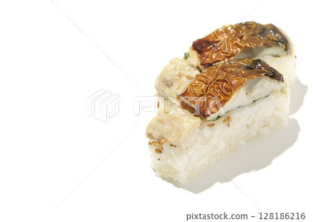 Grilled mackerel sushi photographed on white background Grilled mackerel sushi photographed on white background 128186216