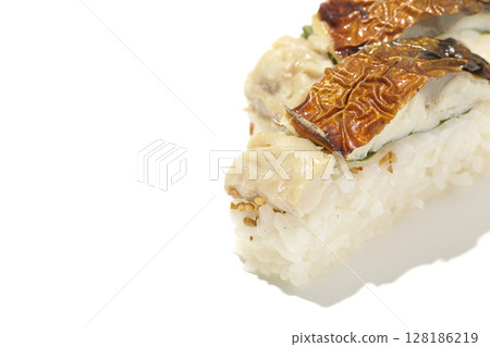 Grilled mackerel sushi photographed on white background Grilled mackerel sushi photographed on white background 128186219