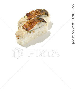 Grilled mackerel sushi photographed on white background Grilled mackerel sushi photographed on white background 128186222