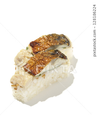 Grilled mackerel sushi photographed on white background Grilled mackerel sushi photographed on white background 128186224