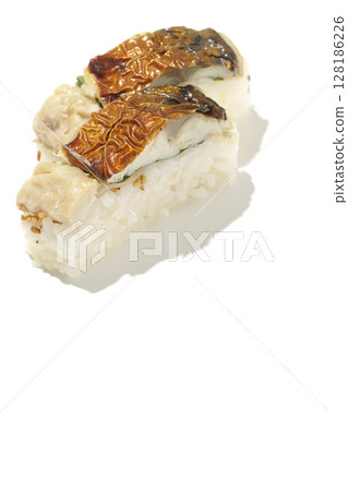 Grilled mackerel sushi photographed on white background 128186226