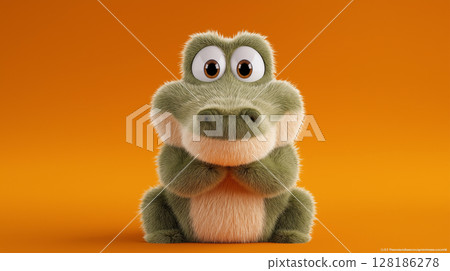 Cute crocodile sits adorably against a vibrant orange backdrop 128186278