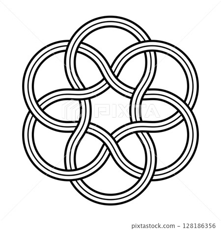 Three interlaced loops, symbol of Trinity. Three intertwined ribbons leading to a six-petaled knot, used in Christian ornamentation, representing the union of Father, Son Jesus Christ and Holy Spirit. Three interlaced loops, symbol of Trinity. Three intertwined ribbons leading to a six-petaled knot, used in Christian ornamentation, representing the union of Father, Son Jesus Christ and Holy Spirit. 128186356