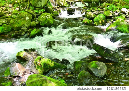 流經青苔覆蓋的岩石間的湯川瀑布 流經青苔覆蓋的岩石間的湯川瀑布 128186385