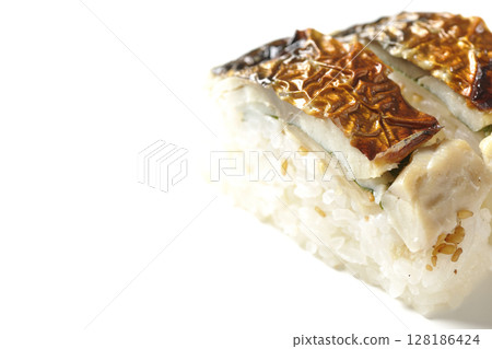 Grilled mackerel sushi photographed on white background Grilled mackerel sushi photographed on white background 128186424