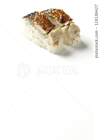 Grilled mackerel sushi photographed on white background Grilled mackerel sushi photographed on white background 128186427