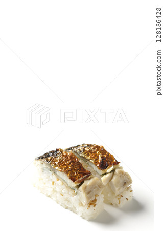 Grilled mackerel sushi photographed on white background Grilled mackerel sushi photographed on white background 128186428