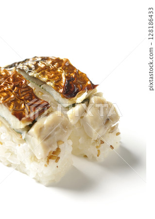 Grilled mackerel sushi photographed on white background 128186433