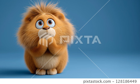 Cute lion with big blue eyes sits adorably on a blue background 128186449