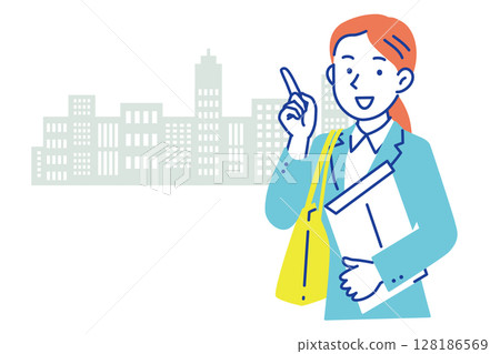 Illustration of a woman in a business suit smiling and pointing with a building in the background Illustration of a woman in a business suit smiling and pointing with a building in the background 128186569