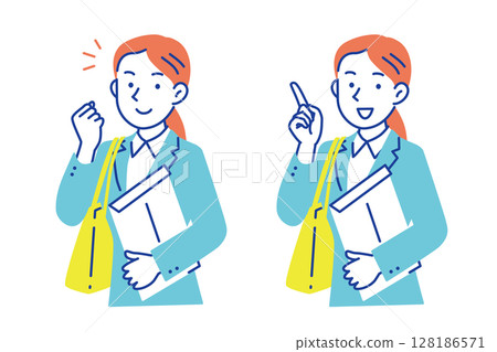 Illustration of a smiling woman in a business suit holding an envelope and a bag Illustration of a smiling woman in a business suit holding an envelope and a bag 128186571
