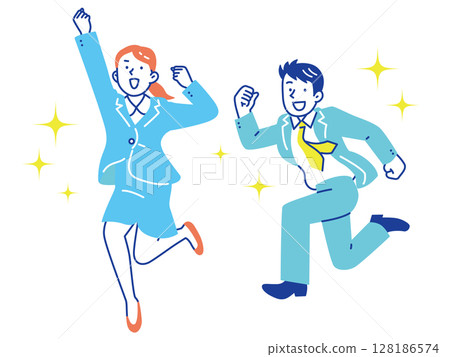 男女商人笑著跳起來，全身 128186574