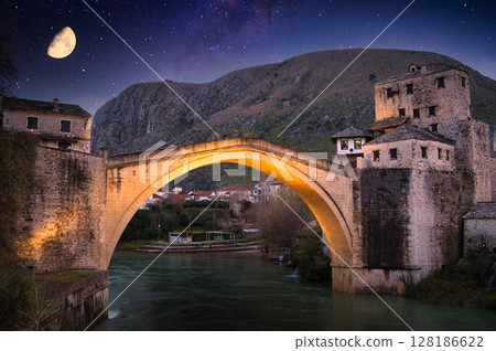 Beautiful night view of Stari Most Bridge in Mostar, a World Heritage Site Beautiful night view of Stari Most Bridge in Mostar, a World Heritage Site 128186622