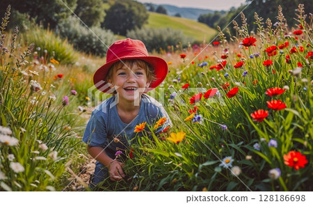 Young boy is smiling and wearing a red hat while standing in a field of flowers. The scene is bright and cheerful, with the boy's happiness and the colorful flowers creating a positive and uplifting 128186698