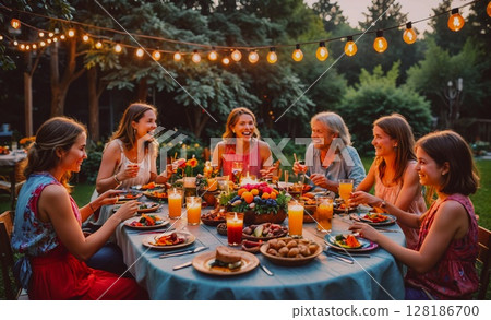 Group of women are sitting around a large dining table, enjoying a meal together. The table is filled with various dishes, including fruits, vegetables, and sandwiches. The atmosphere is warm and Group of women are sitting around a large dining table, enjoying a meal together. The table is filled with various dishes, including fruits, vegetables, and sandwiches. The atmosphere is warm and 128186700