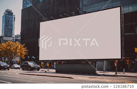 Large billboard sits on a city street, with a black car parked in front of it. The billboard is empty, and the city skyline in the background creates a sense of urban life and activity 128186710
