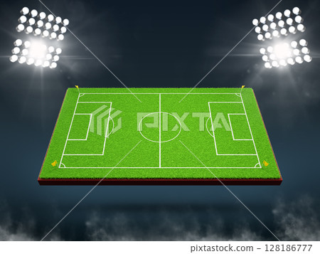 3d football field stadium illuminated by spotlights. Realistic render of night soccer pitch with green grass, white lines and spot of light. Empty sport arena for match, competition. 3D illustration 128186777