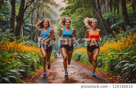 Three women are running on a path in a forest. They are wearing blue and orange tops. Scene is energetic and active Three women are running on a path in a forest. They are wearing blue and orange tops. Scene is energetic and active 128186818